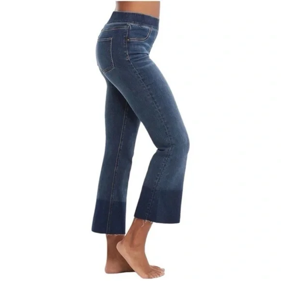 SPANX Cropped Flare Raw Hem Denim Jeans | Medium Wash | High-Rise | Size Large - Picture 2 of 8